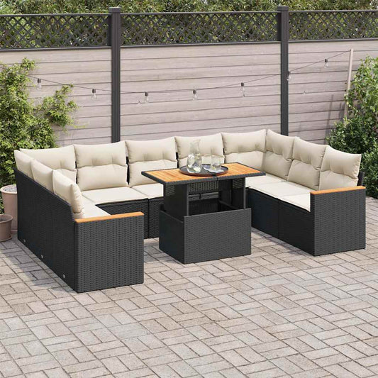 10-delige Loungeset met kussens poly rattan acacia zwart is nu te koop bij PeponiXL, paradijselijk wonen!