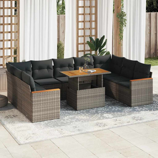 10-delige Loungeset met kussens poly rattan acacia grijs is nu te koop bij PeponiXL, paradijselijk wonen!