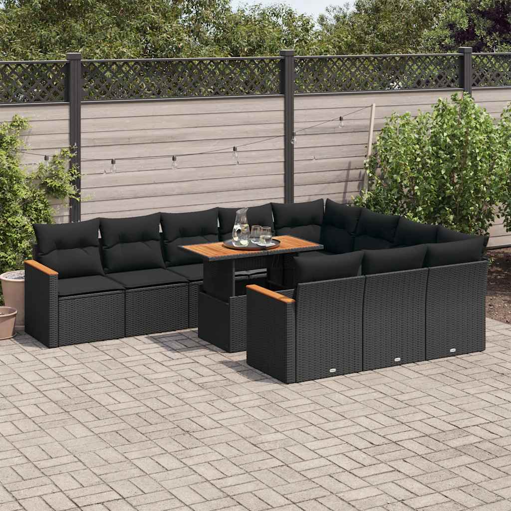 11-delige Loungeset met kussens poly rattan acacia zwart is nu te koop bij PeponiXL, paradijselijk wonen!