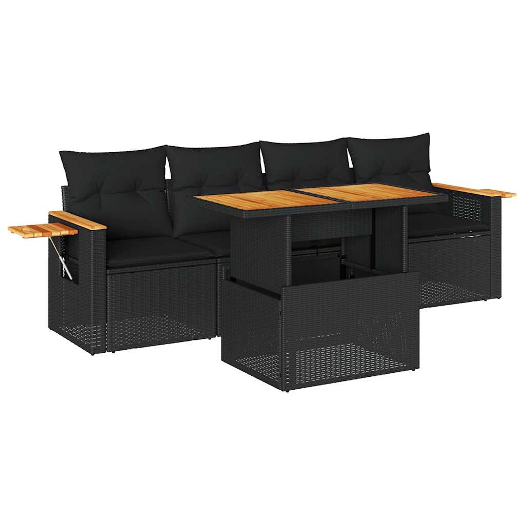 5-delige Loungeset met kussens poly rattan acacia zwart is nu te koop bij PeponiXL, paradijselijk wonen!
