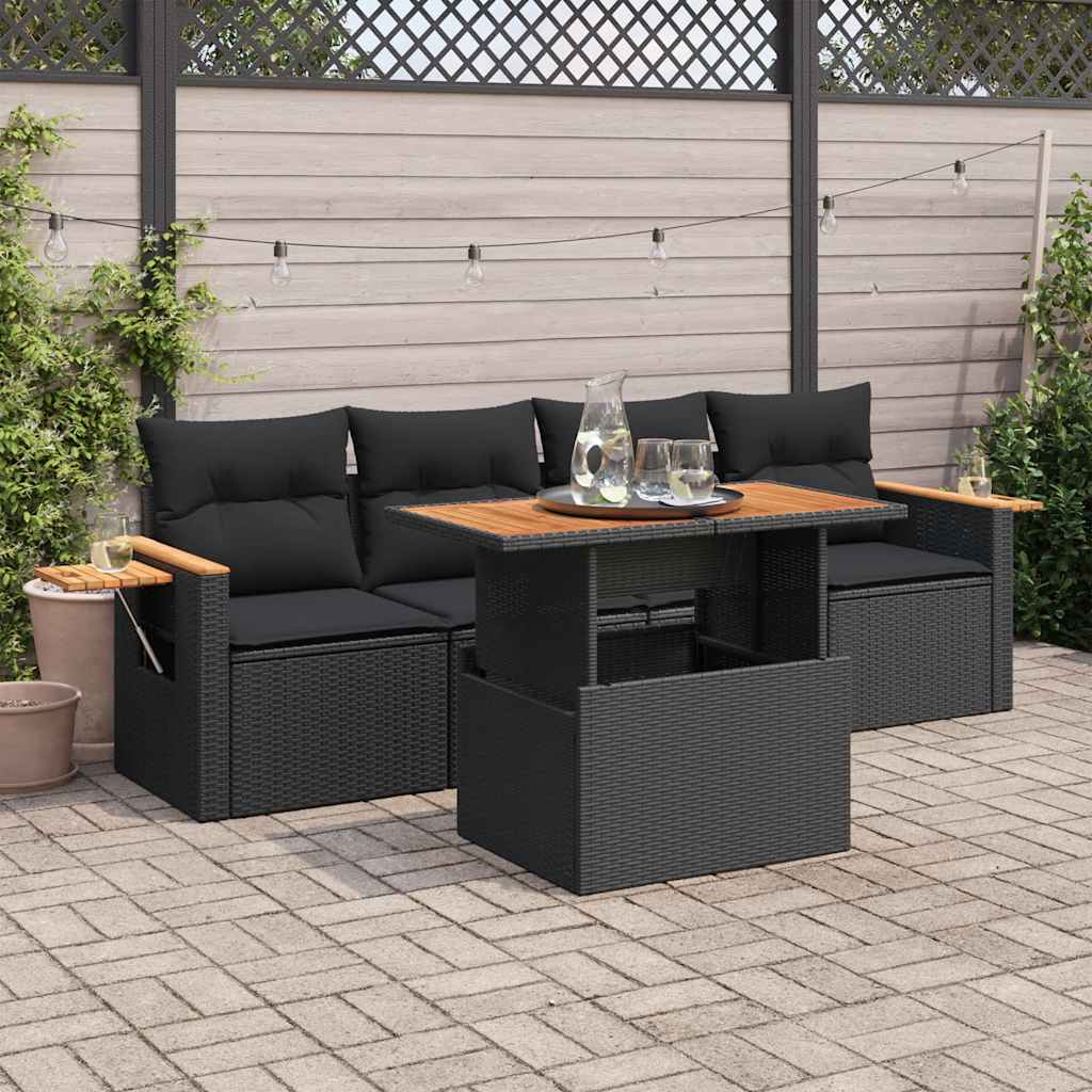 5-delige Loungeset met kussens poly rattan acacia zwart is nu te koop bij PeponiXL, paradijselijk wonen!
