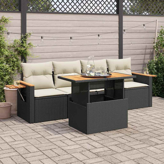 5-delige Loungeset met kussens poly rattan acacia zwart is nu te koop bij PeponiXL, paradijselijk wonen!