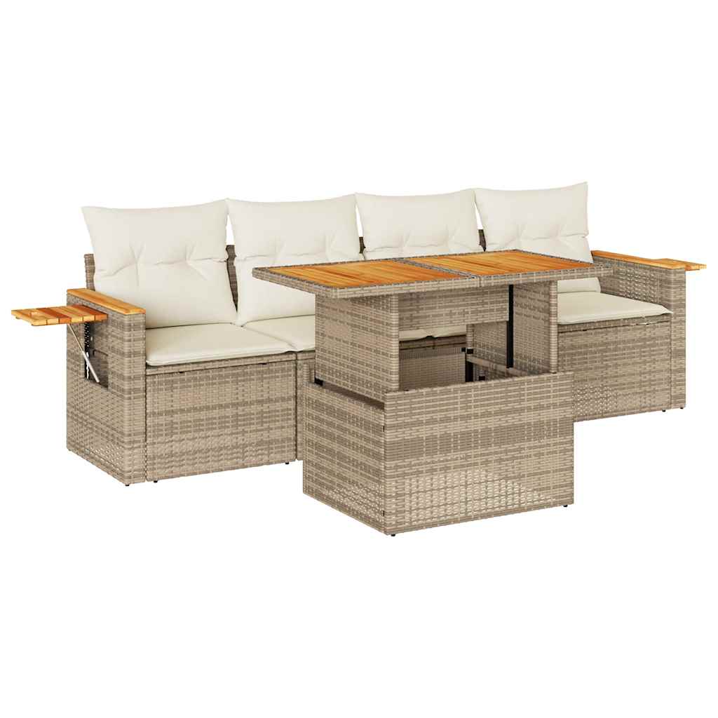 5-delige Loungeset met kussens poly rattan en acaciahout beige is nu te koop bij PeponiXL, paradijselijk wonen!
