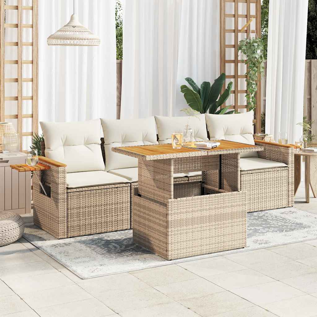 5-delige Loungeset met kussens poly rattan en acaciahout beige is nu te koop bij PeponiXL, paradijselijk wonen!