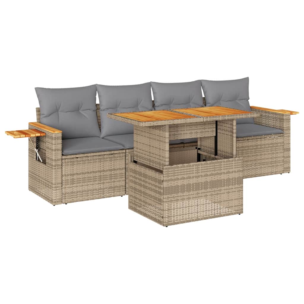 5-delige Loungeset met kussens poly rattan en acaciahout beige is nu te koop bij PeponiXL, paradijselijk wonen!
