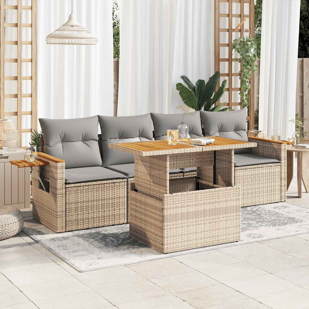 5-delige Loungeset met kussens poly rattan en acaciahout beige is nu te koop bij PeponiXL, paradijselijk wonen!