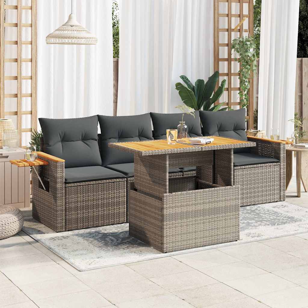 5-delige Loungeset met kussens poly rattan acacia grijs is nu te koop bij PeponiXL, paradijselijk wonen!