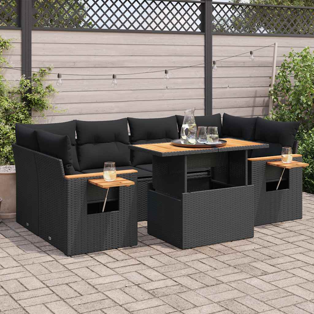 7-delige Loungeset met kussens poly rattan acacia zwart is nu te koop bij PeponiXL, paradijselijk wonen!