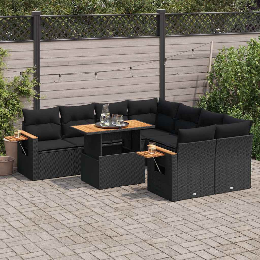 9-delige Loungeset met kussens poly rattan acacia zwart is nu te koop bij PeponiXL, paradijselijk wonen!
