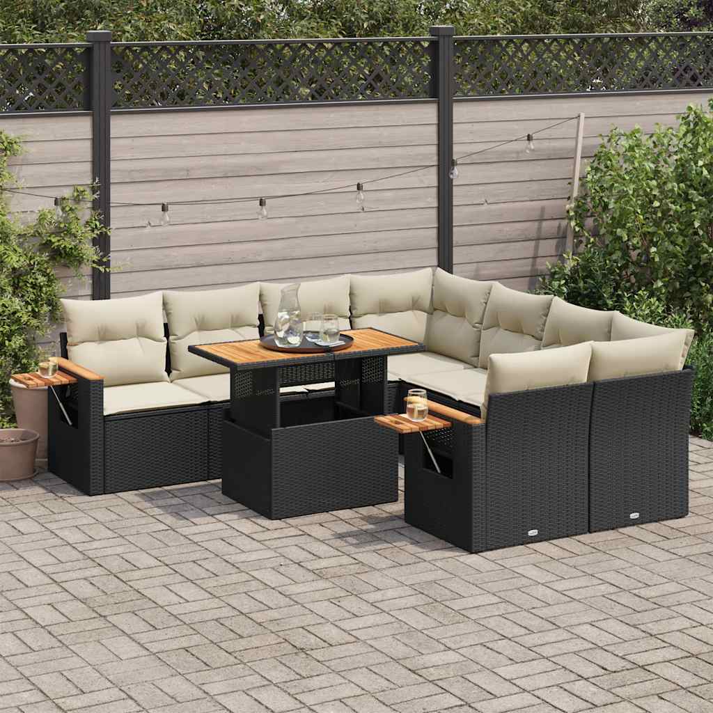 9-delige Loungeset met kussens poly rattan acacia zwart is nu te koop bij PeponiXL, paradijselijk wonen!