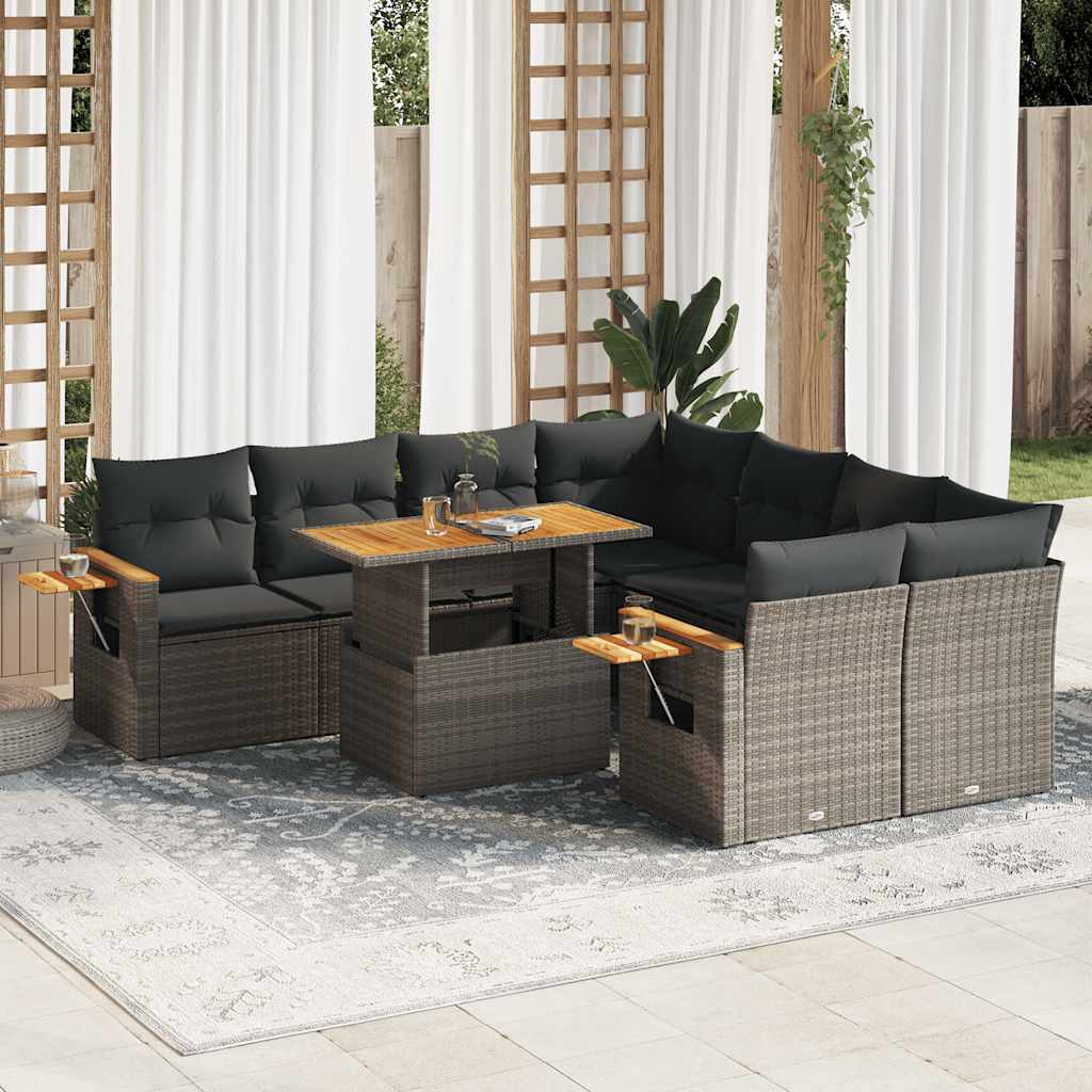 9-delige Loungeset met kussens poly rattan acacia grijs is nu te koop bij PeponiXL, paradijselijk wonen!