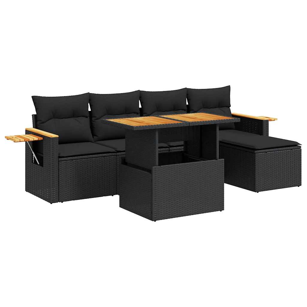 6-delige Loungeset met kussens poly rattan acacia zwart is nu te koop bij PeponiXL, paradijselijk wonen!