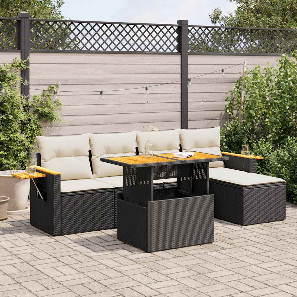 6-delige Loungeset met kussens poly rattan acacia zwart is nu te koop bij PeponiXL, paradijselijk wonen!