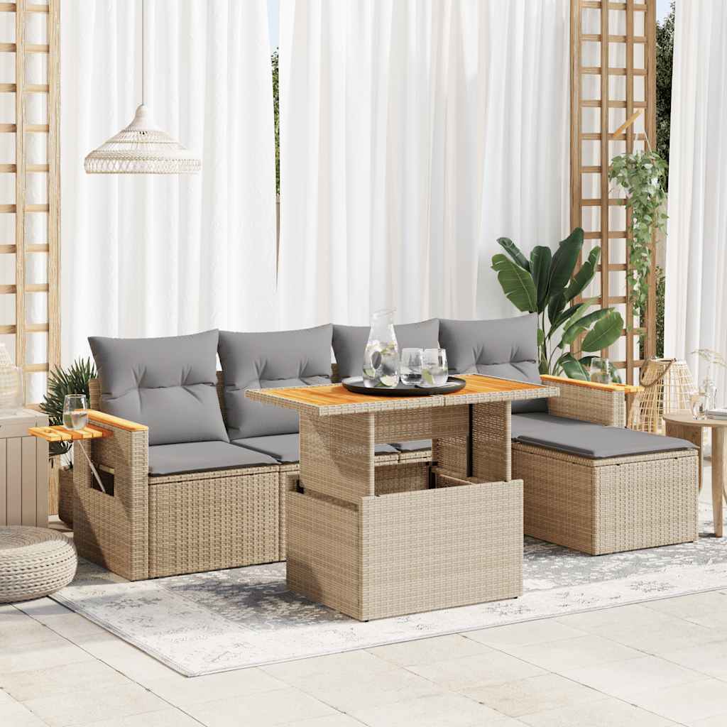 6-delige Loungeset met kussens poly rattan acacia beige is nu te koop bij PeponiXL, paradijselijk wonen!