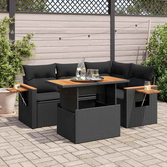 5-delige Loungeset met kussens poly rattan acacia zwart is nu te koop bij PeponiXL, paradijselijk wonen!