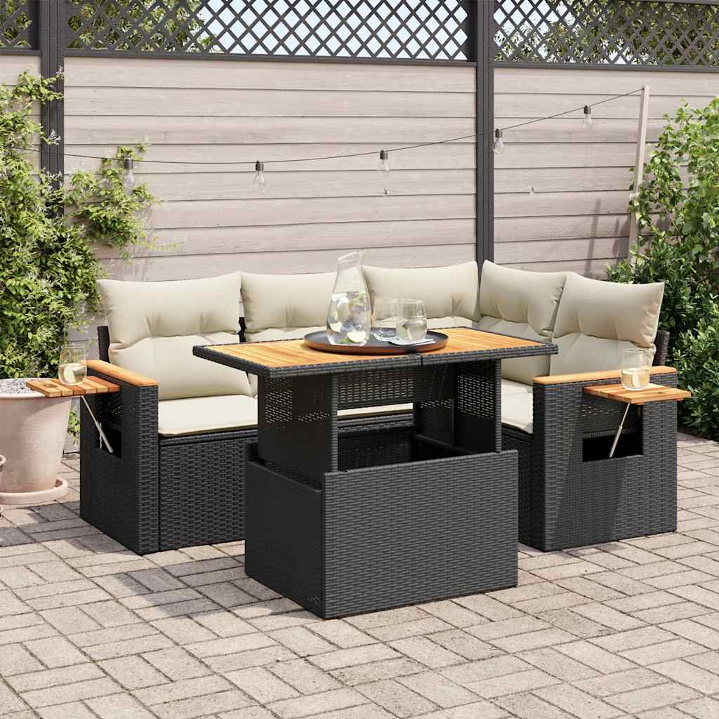 5-delige Loungeset met kussens poly rattan acacia zwart is nu te koop bij PeponiXL, paradijselijk wonen!