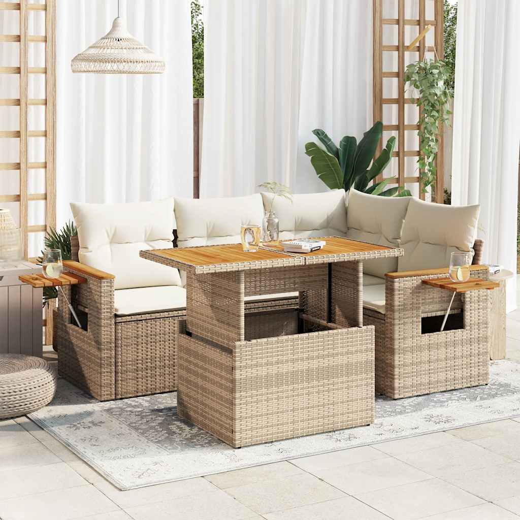 5-delige Loungeset met kussens poly rattan en acaciahout beige is nu te koop bij PeponiXL, paradijselijk wonen!