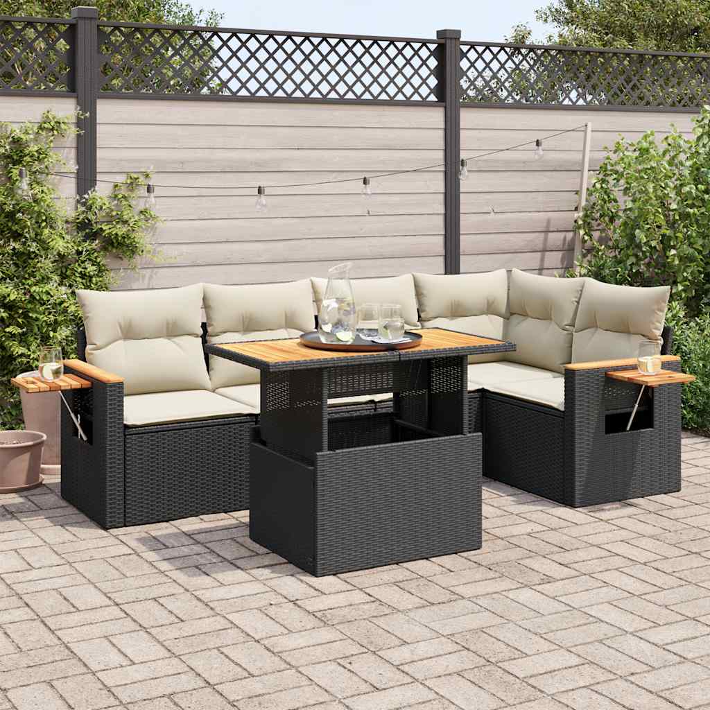 6-delige Loungeset met kussens poly rattan acacia zwart is nu te koop bij PeponiXL, paradijselijk wonen!