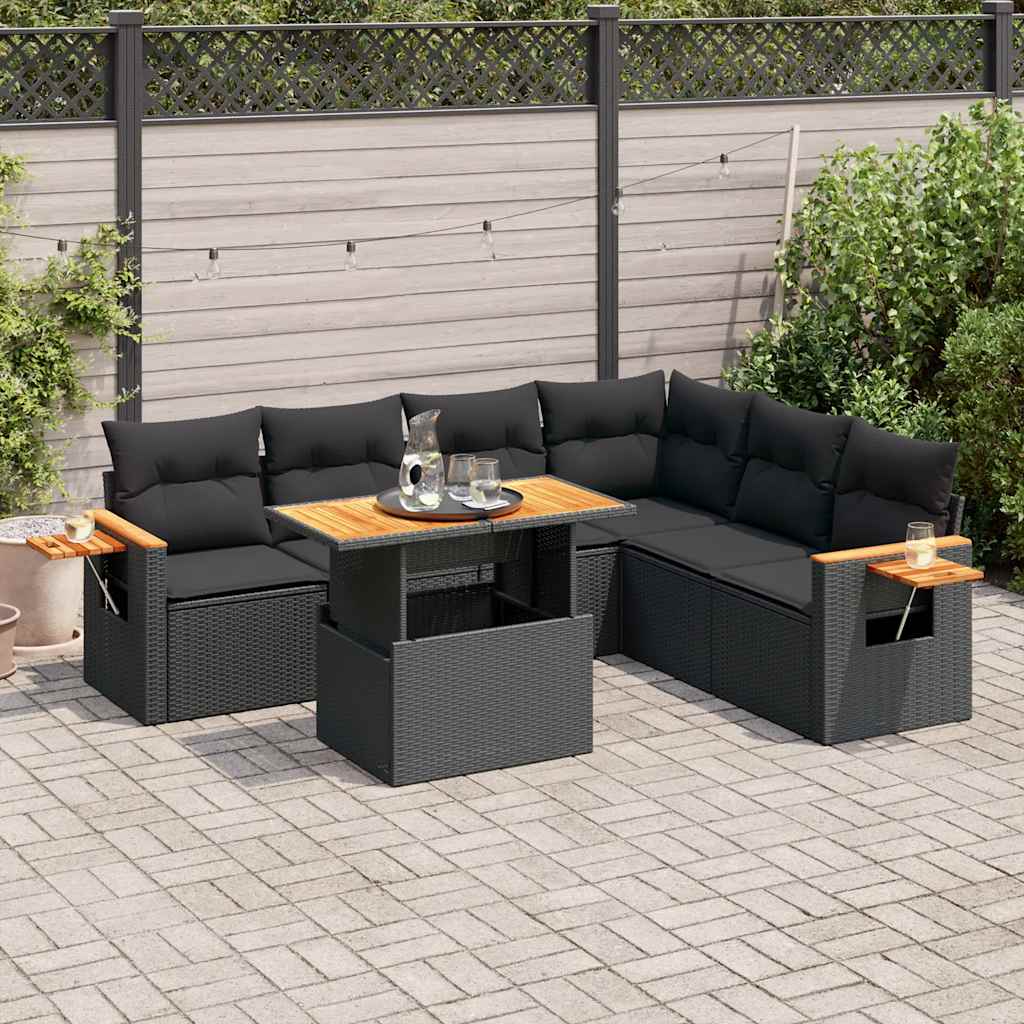7-delige Loungeset met kussens poly rattan acacia zwart is nu te koop bij PeponiXL, paradijselijk wonen!