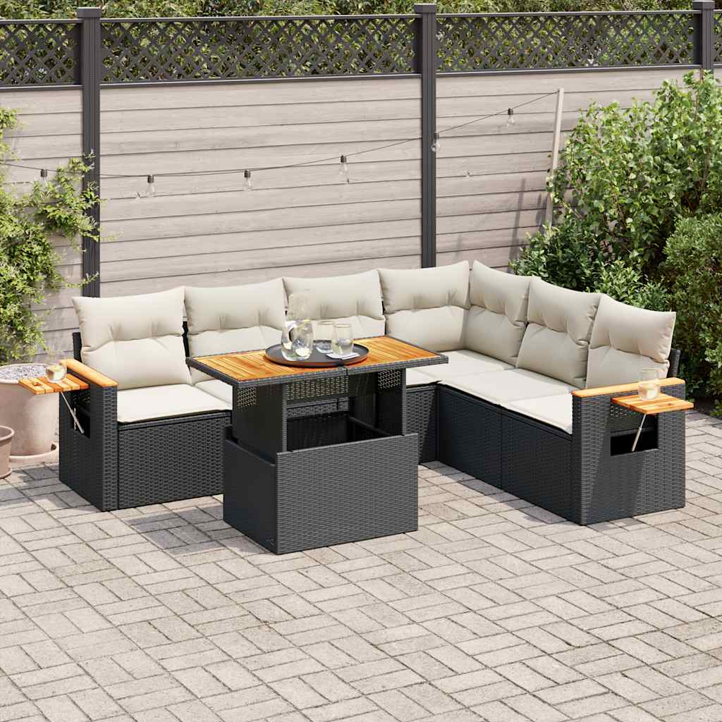 7-delige Loungeset met kussens poly rattan acacia zwart is nu te koop bij PeponiXL, paradijselijk wonen!
