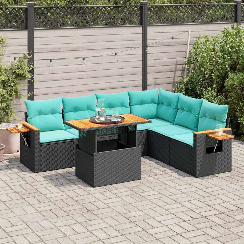 7-delige Loungeset met kussens poly rattan acacia zwart is nu te koop bij PeponiXL, paradijselijk wonen!