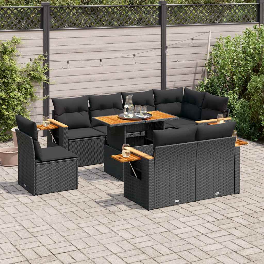 9-delige Loungeset met kussens poly rattan acacia zwart is nu te koop bij PeponiXL, paradijselijk wonen!