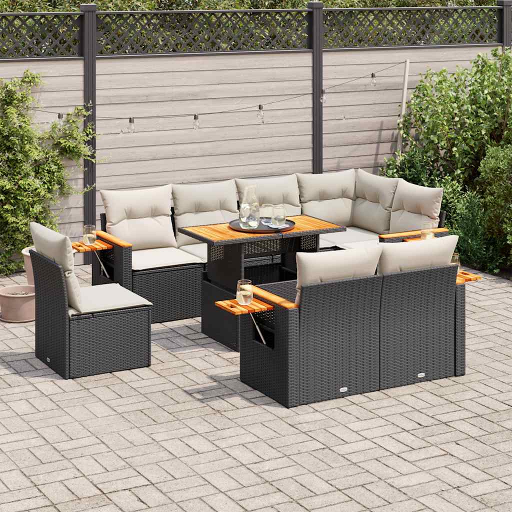 9-delige Loungeset met kussens poly rattan acacia zwart is nu te koop bij PeponiXL, paradijselijk wonen!