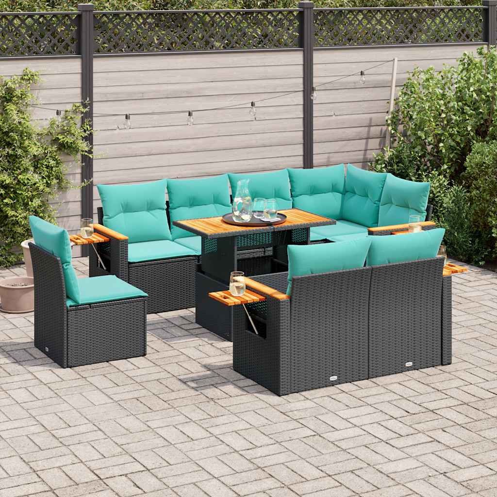 9-delige Loungeset met kussens poly rattan acacia zwart is nu te koop bij PeponiXL, paradijselijk wonen!