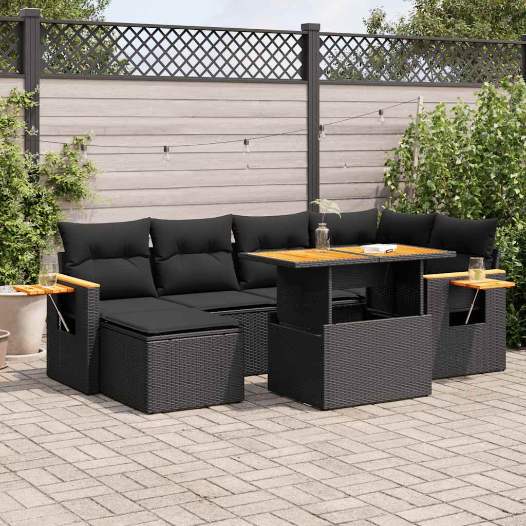 7-delige Loungeset met kussens poly rattan acacia zwart is nu te koop bij PeponiXL, paradijselijk wonen!
