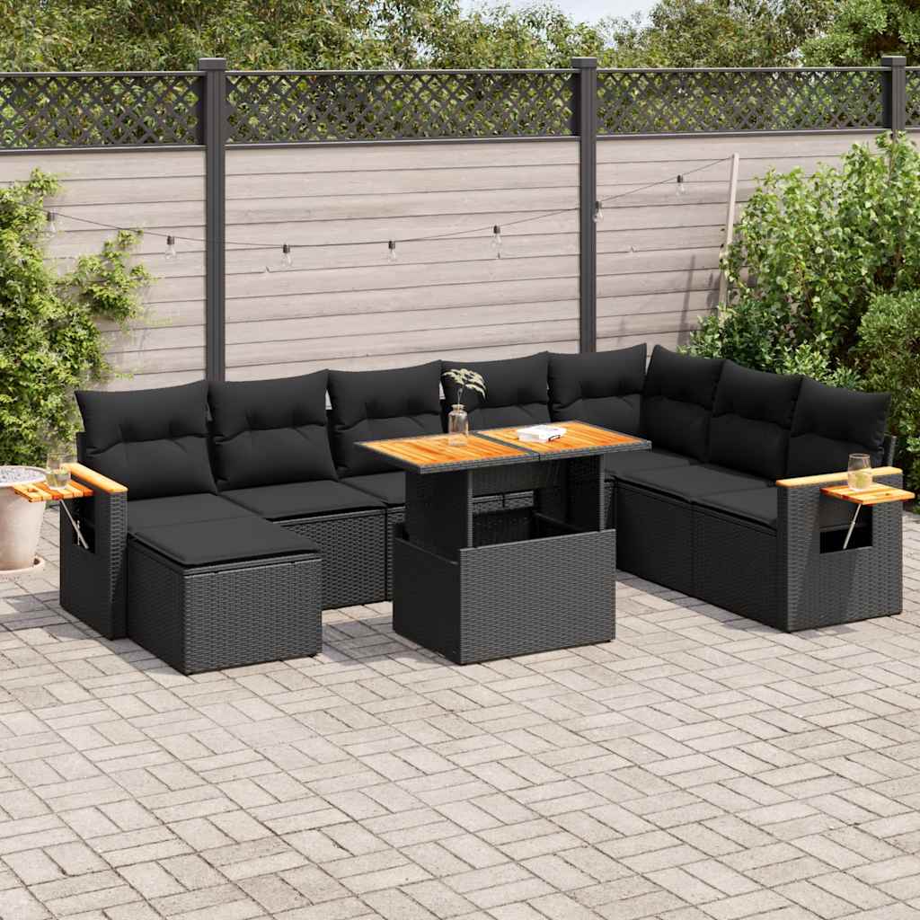 9-delige Loungeset met kussens poly rattan acacia zwart is nu te koop bij PeponiXL, paradijselijk wonen!