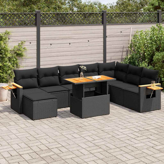 9-delige Loungeset met kussens poly rattan acacia zwart is nu te koop bij PeponiXL, paradijselijk wonen!
