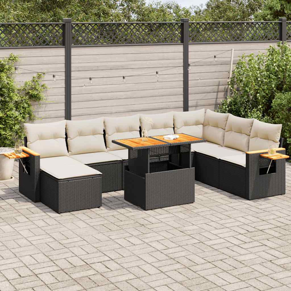 9-delige Loungeset met kussens poly rattan acacia zwart is nu te koop bij PeponiXL, paradijselijk wonen!
