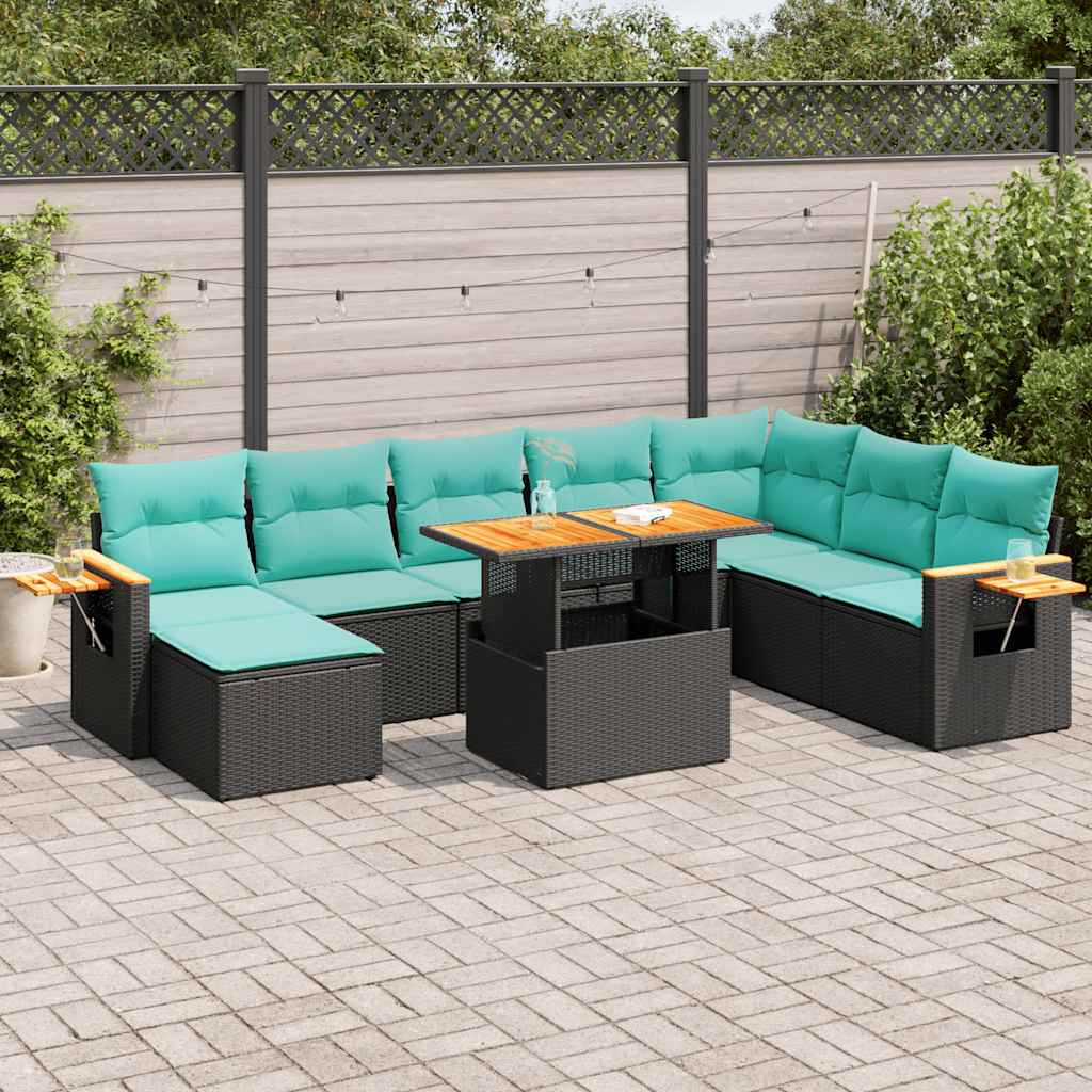 10-delige Loungeset met kussens poly rattan acacia zwart is nu te koop bij PeponiXL, paradijselijk wonen!