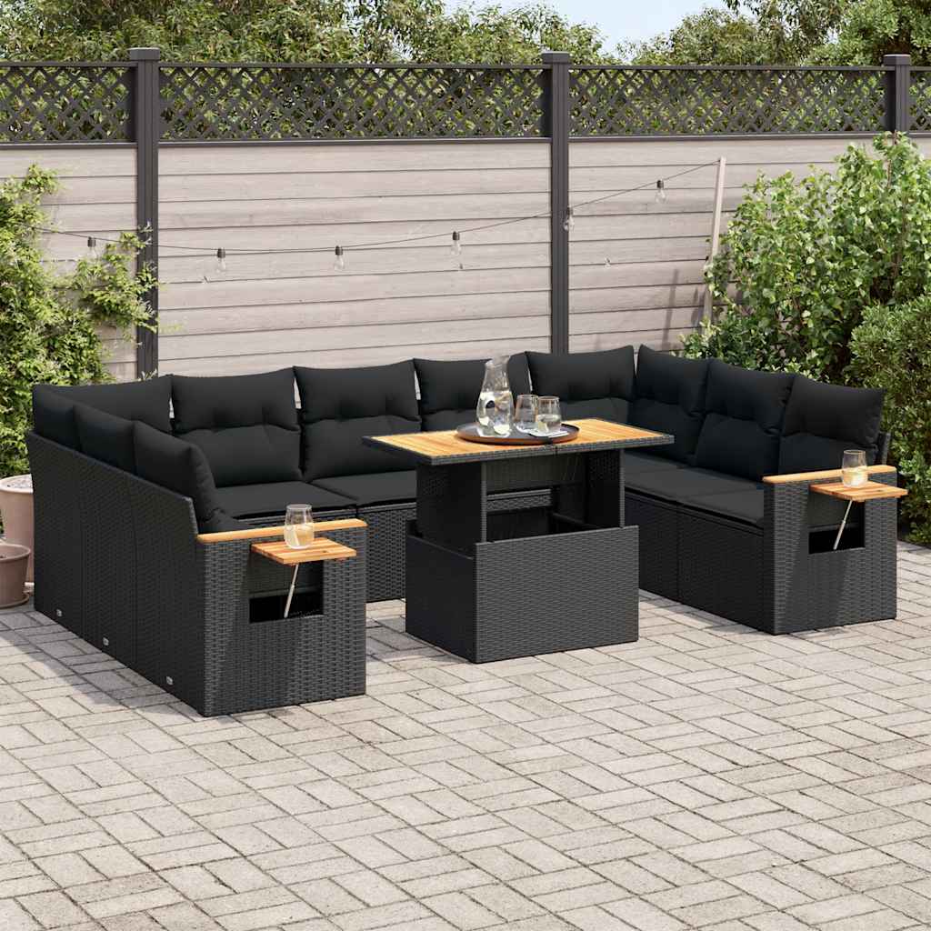 10-delige Loungeset met kussens poly rattan acacia zwart is nu te koop bij PeponiXL, paradijselijk wonen!