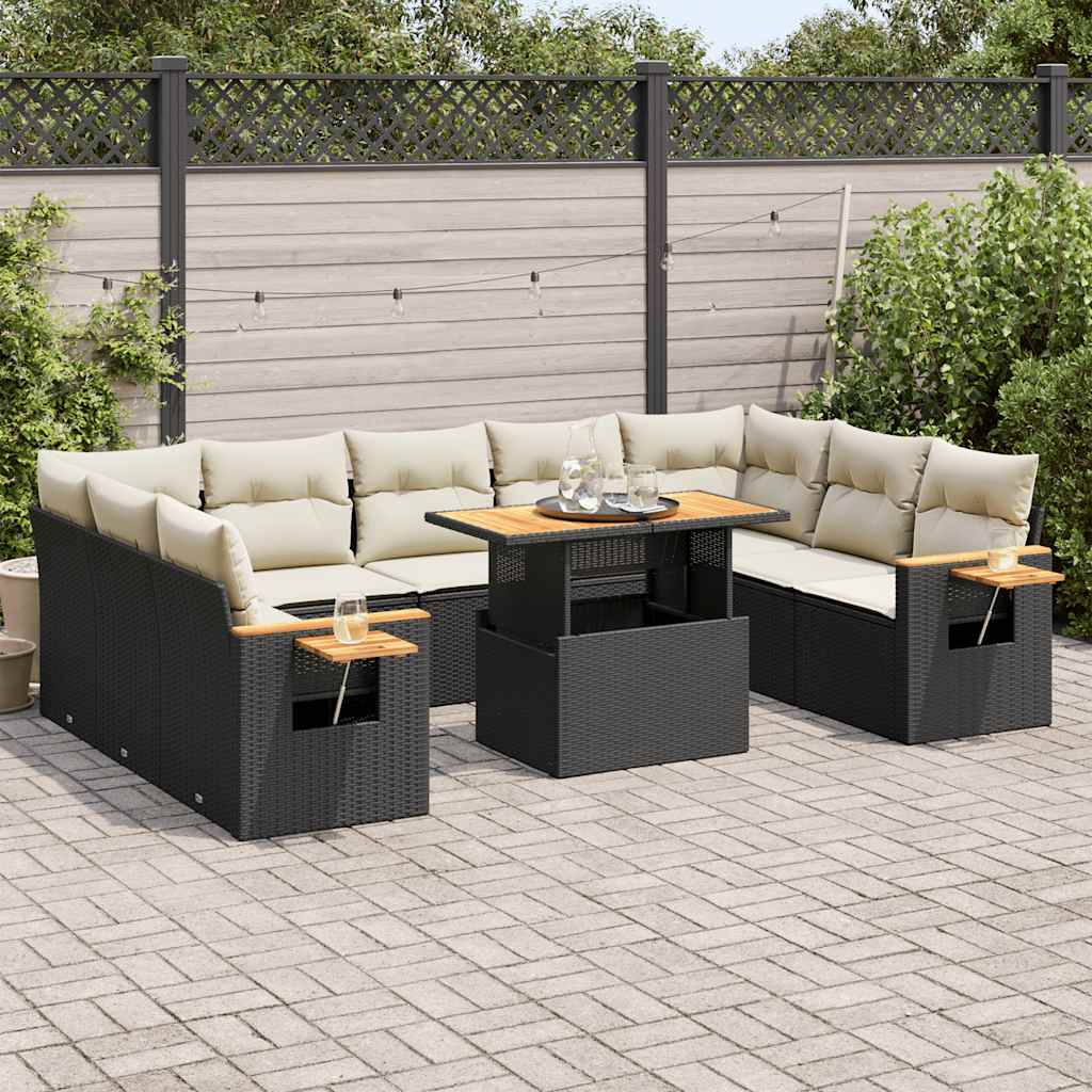 10-delige Loungeset met kussens poly rattan acacia zwart is nu te koop bij PeponiXL, paradijselijk wonen!