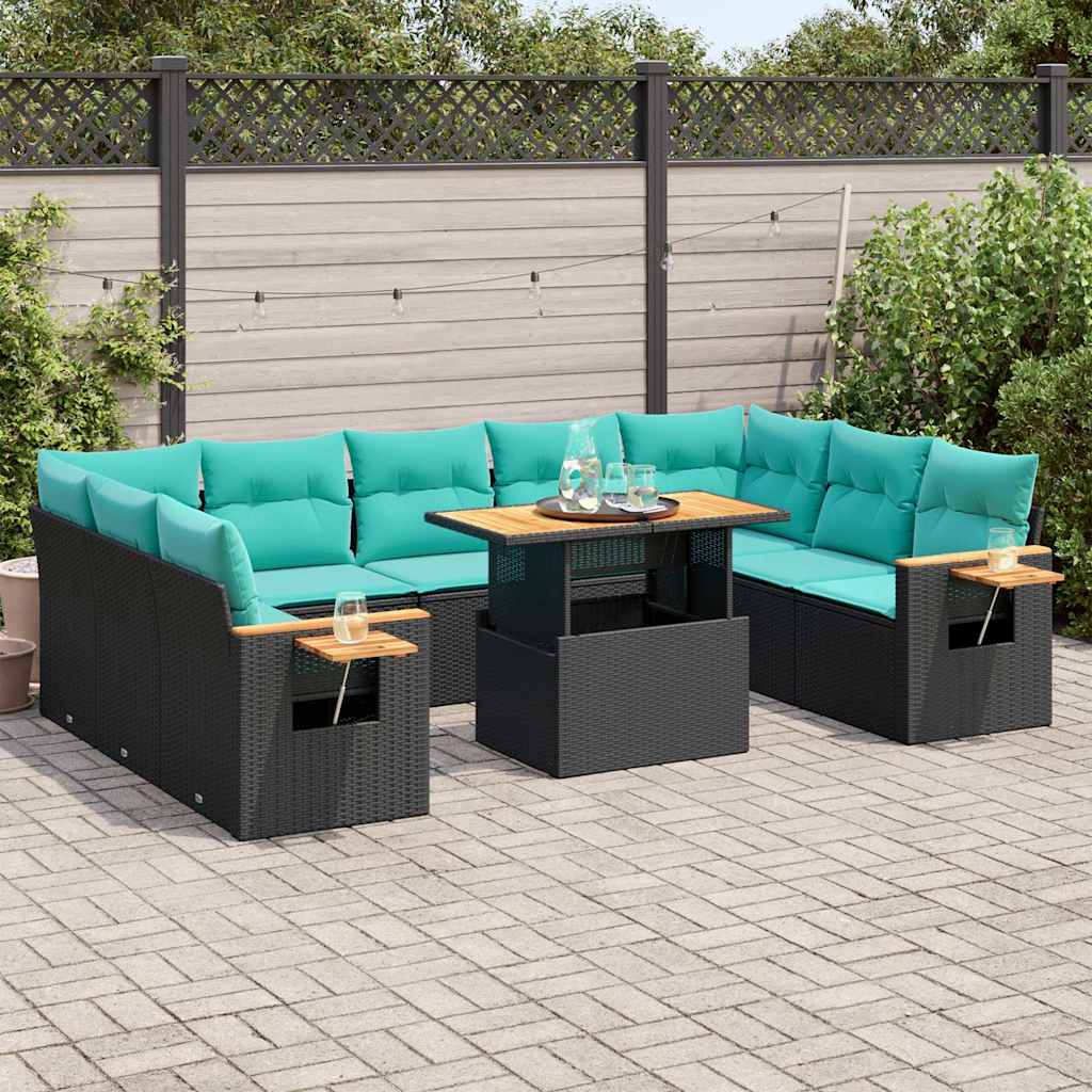 10-delige Loungeset met kussens poly rattan acacia zwart is nu te koop bij PeponiXL, paradijselijk wonen!