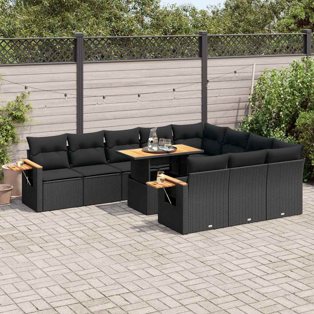 11-delige Loungeset met kussens poly rattan acacia zwart is nu te koop bij PeponiXL, paradijselijk wonen!