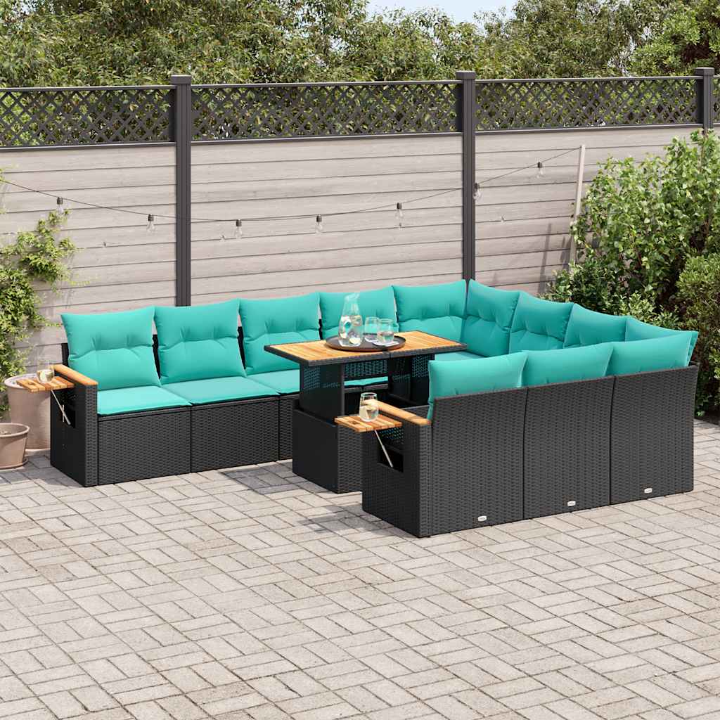 11-delige Loungeset met kussens poly rattan acacia zwart is nu te koop bij PeponiXL, paradijselijk wonen!
