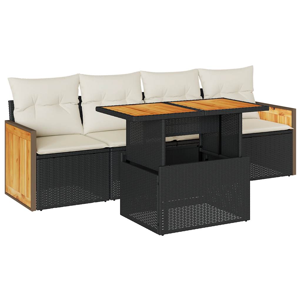 5-delige Loungeset met kussens poly rattan acacia zwart is nu te koop bij PeponiXL, paradijselijk wonen!