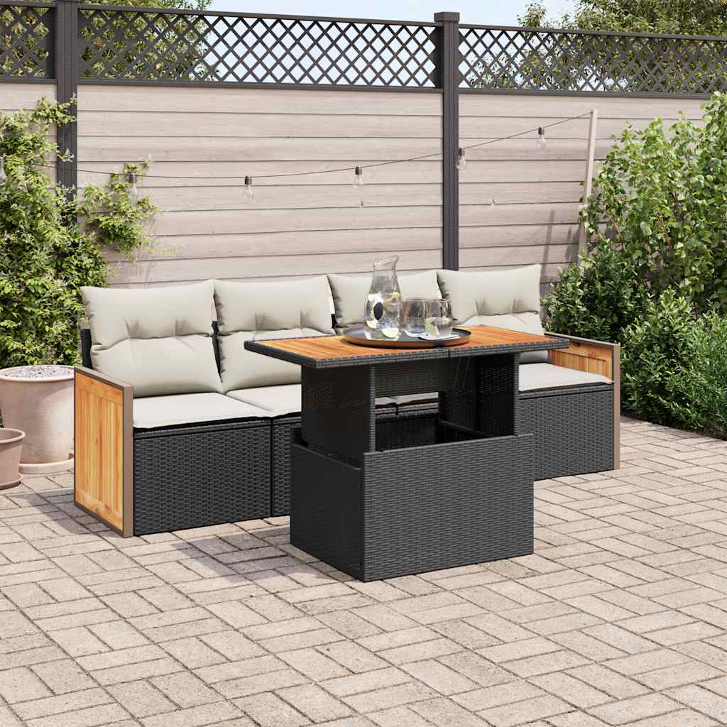 5-delige Loungeset met kussens poly rattan acacia zwart is nu te koop bij PeponiXL, paradijselijk wonen!