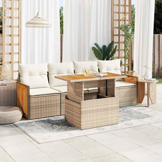 5-delige Loungeset met kussens poly rattan en acaciahout beige is nu te koop bij PeponiXL, paradijselijk wonen!
