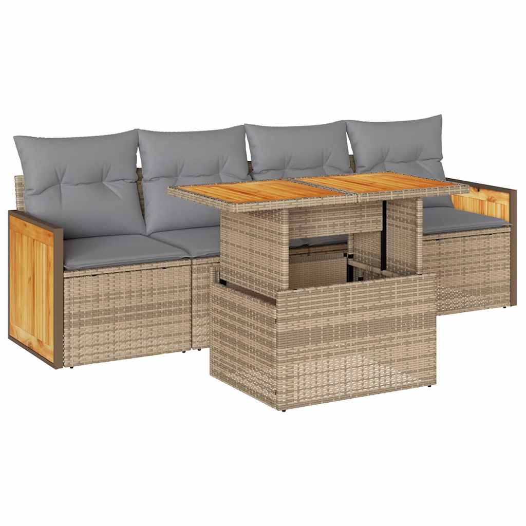 5-delige Loungeset met kussens poly rattan en acaciahout beige is nu te koop bij PeponiXL, paradijselijk wonen!