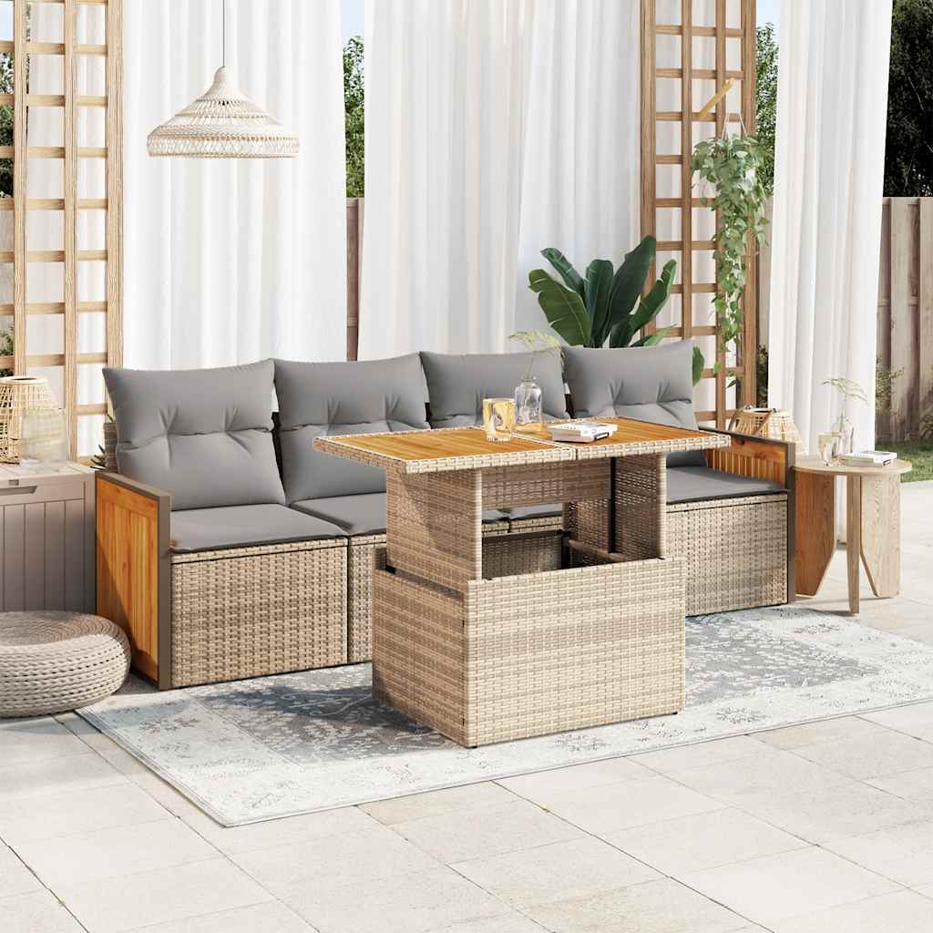 5-delige Loungeset met kussens poly rattan en acaciahout beige is nu te koop bij PeponiXL, paradijselijk wonen!