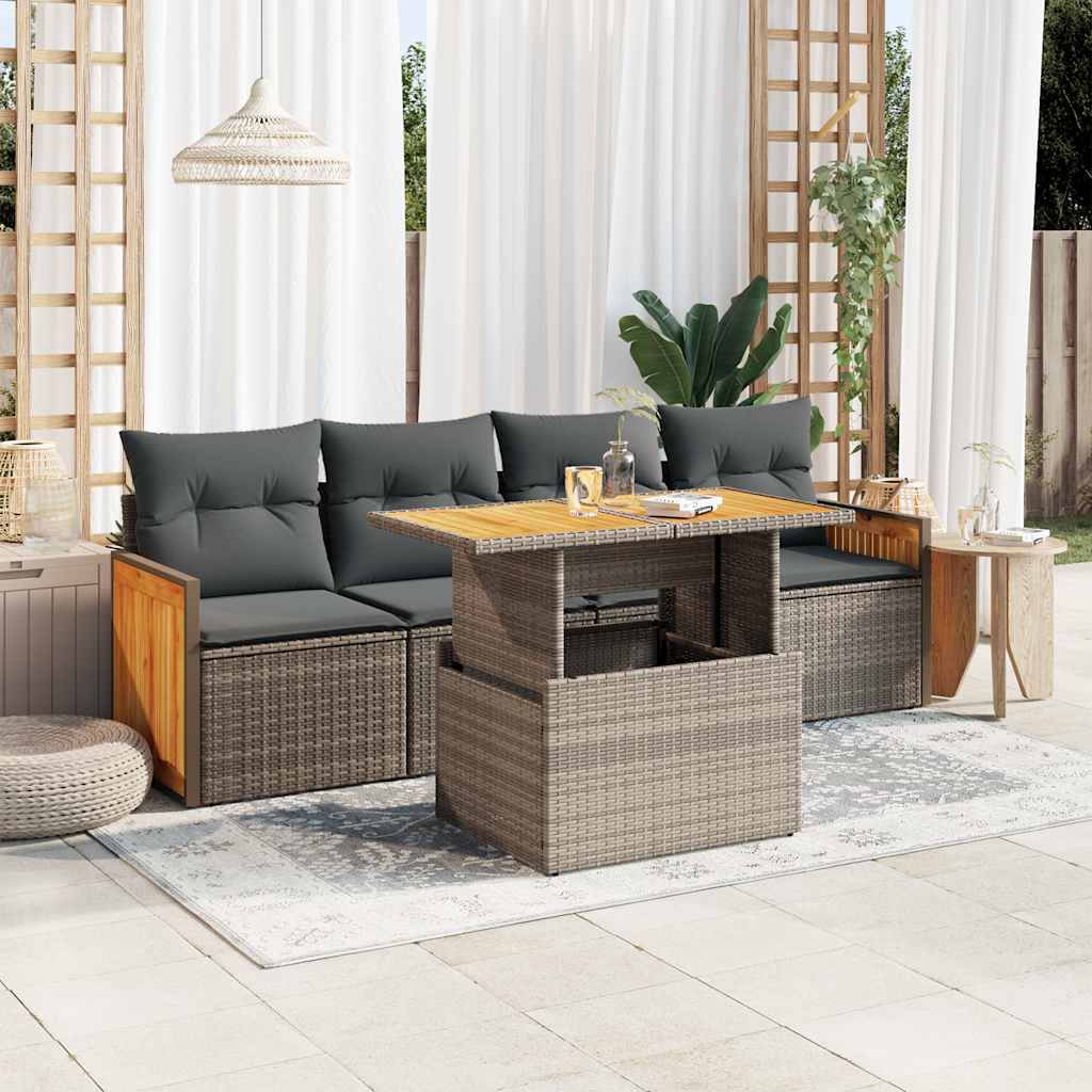5-delige Loungeset met kussens poly rattan acacia grijs is nu te koop bij PeponiXL, paradijselijk wonen!