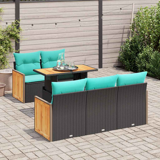 6-delige tuinbankset met kussens, zwart polyrotan en acacia is nu te koop bij PeponiXL, paradijselijk wonen!