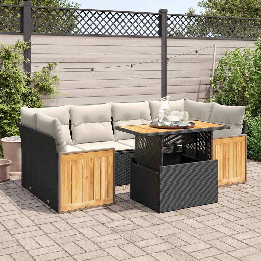 7-delige Loungeset met kussens poly rattan acacia zwart is nu te koop bij PeponiXL, paradijselijk wonen!