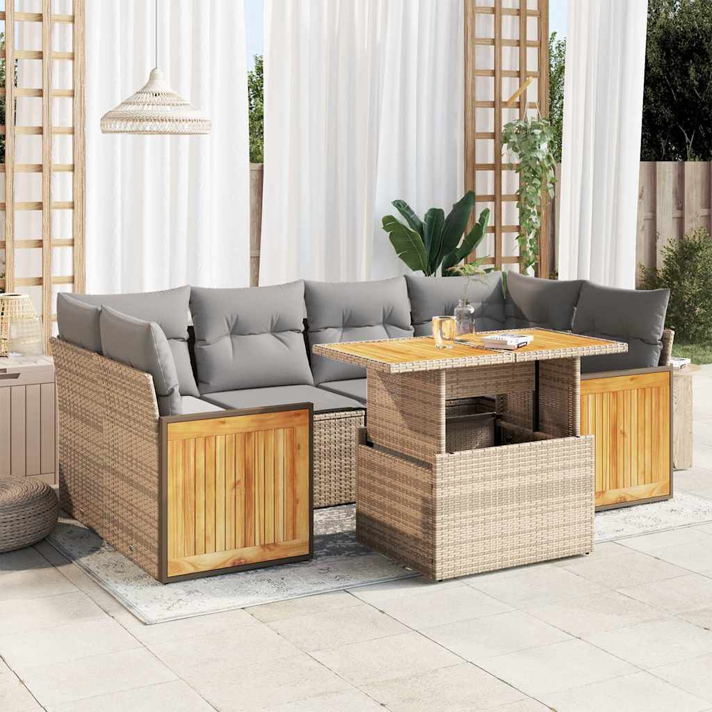 7-delige Loungeset met kussens poly rattan acacia beige is nu te koop bij PeponiXL, paradijselijk wonen!