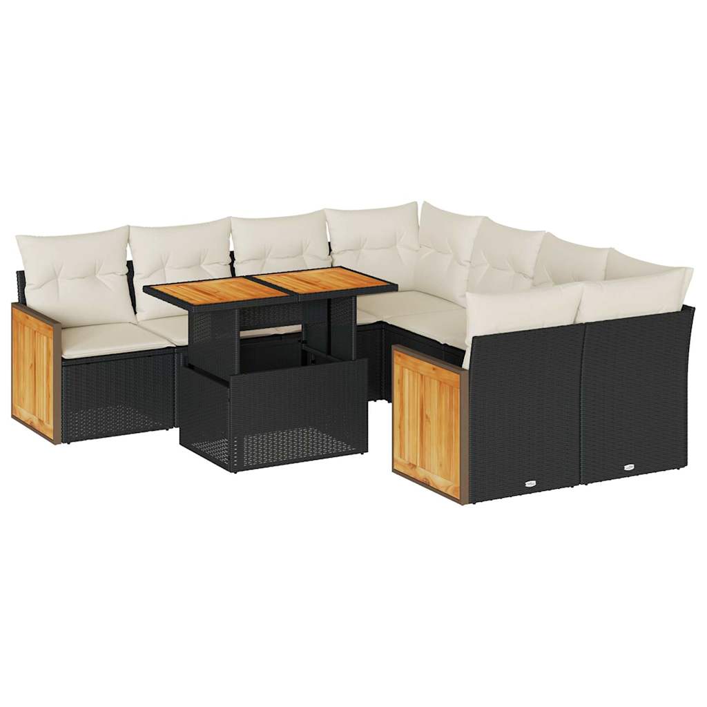 9-delige Loungeset met kussens poly rattan acacia zwart is nu te koop bij PeponiXL, paradijselijk wonen!