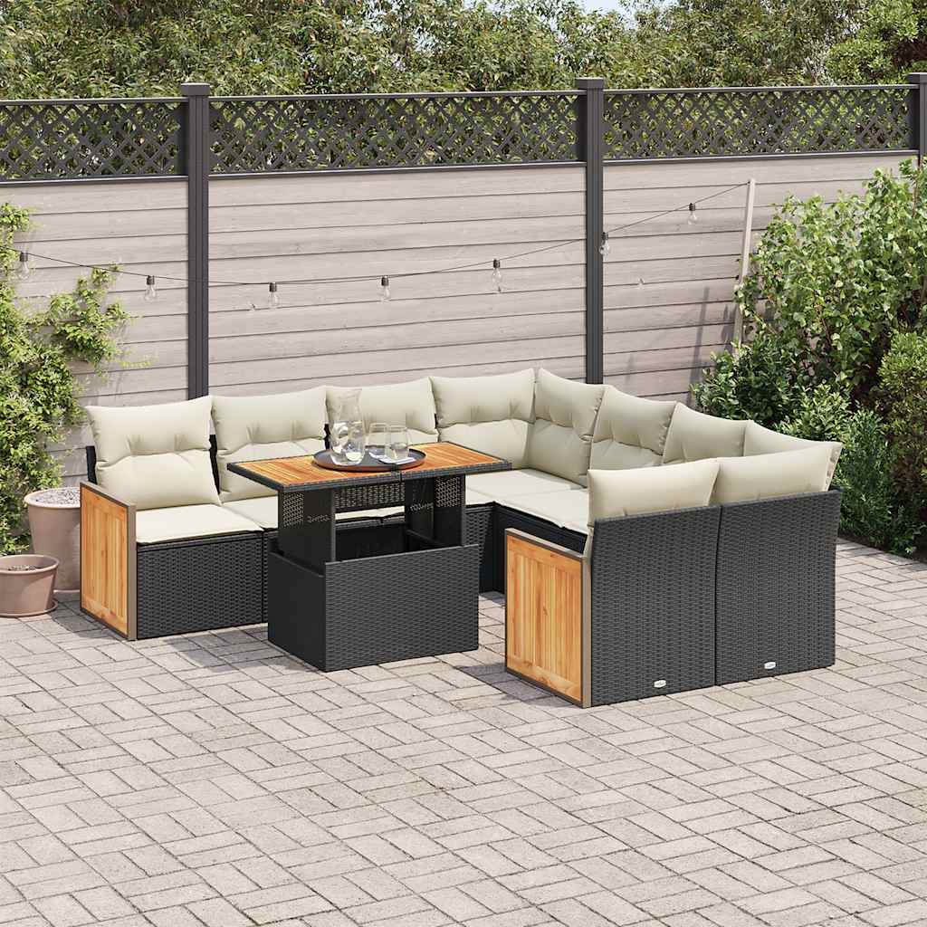 9-delige Loungeset met kussens poly rattan acacia zwart is nu te koop bij PeponiXL, paradijselijk wonen!