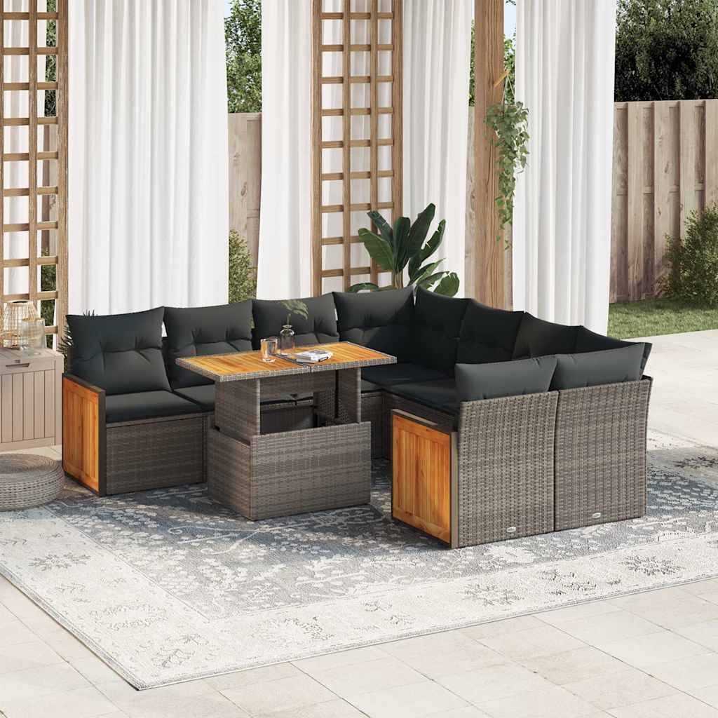 9-delige Loungeset met kussens poly rattan acacia grijs is nu te koop bij PeponiXL, paradijselijk wonen!